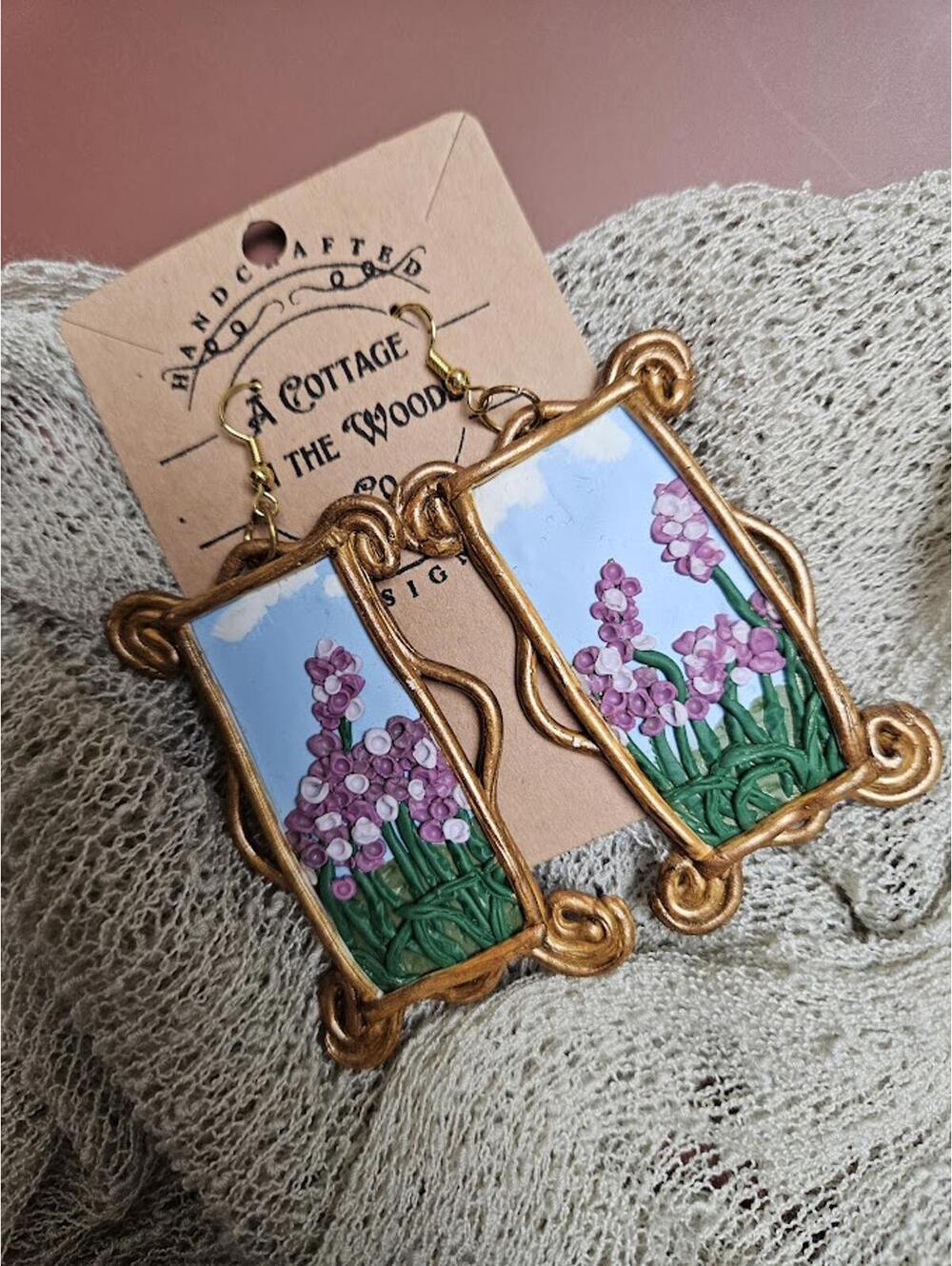 Handcrafted Polymer Clay Floral Painted Earrings with Gold Frame